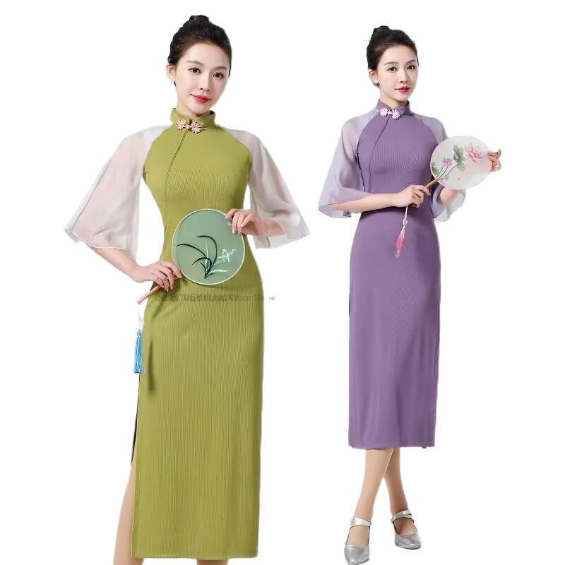 Traje de baile chino antiguo para mujer, Qipao femenino de malla con abertura alta, Cheongsam para práctica de baile chino, conjunto de vestido de gasa para actuación