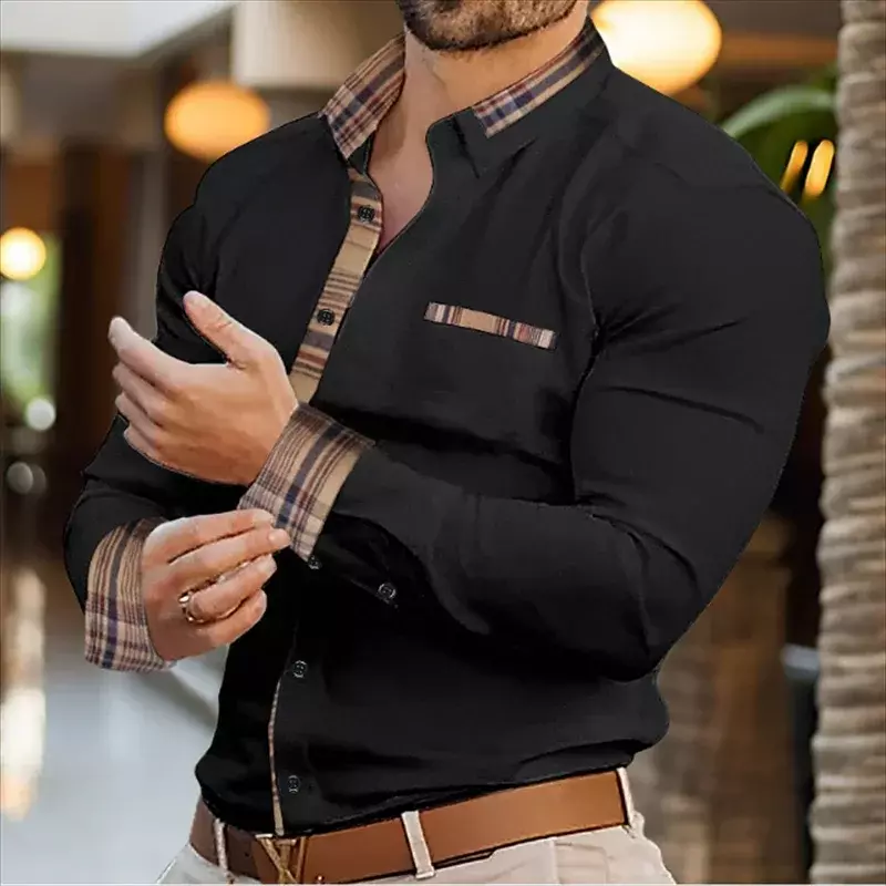 Lapela de negócios masculina elegante, top de rua exterior casual para homens, camisa vintage macia e confortável