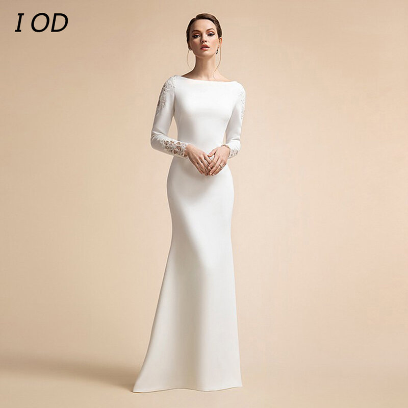 Женское свадебное платье с юбкой годе I OD, элегантное платье невесты с круглым вырезом, длинными рукавами и аппликацией, платье до пола на пуговицах