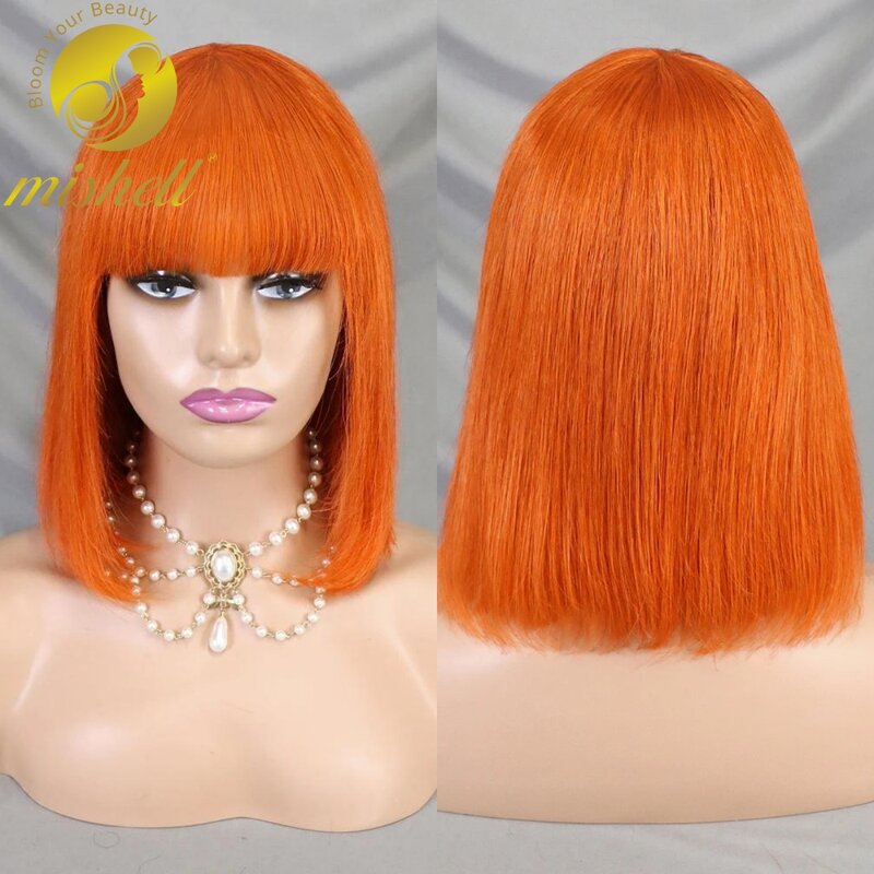 Wig jahe oranye lurus penuh buatan mesin dengan poni rambut manusia Bob pendek untuk punggung wanita mulus rambut Remy Brasil