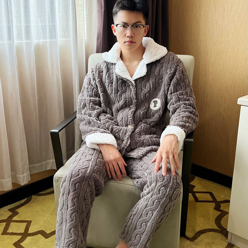 Pijama de manga comprida masculino com bolsos, conjunto de pijama coral espesso, roupa de casa solta, plus size, inverno