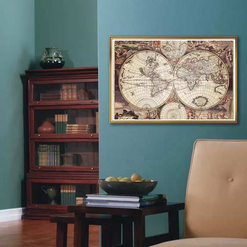 90*60センチメートル世界地図レトロ装飾キャンバス絵画中世ラテン壁アートポスターリビングルームのホームインテリア学用品