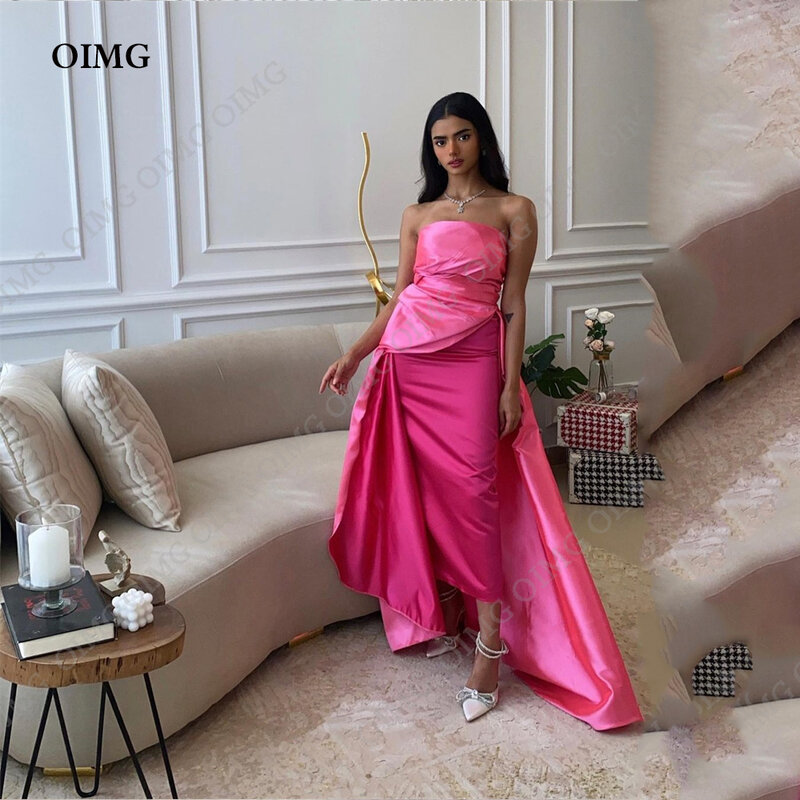 Long Pink Satin Formal Night Prom Dresses Elegant A Line Strapless Sleeveless Arabic Evening Gowns Formal Party Dress