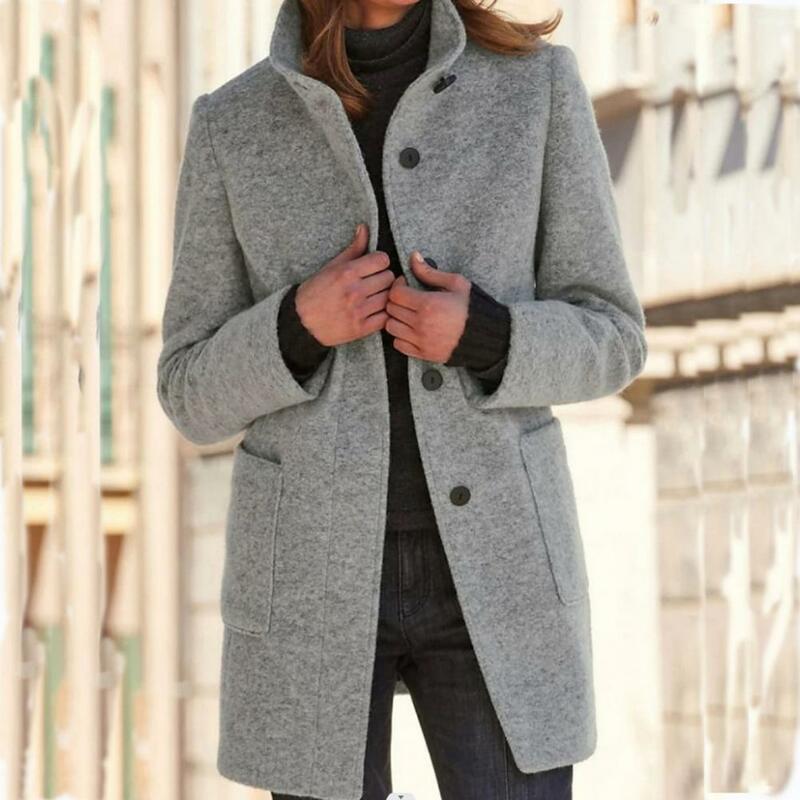 Giacca donna tinta unita elegante colletto alla coreana cappotto autunno inverno da donna con morbido calore di media lunghezza con solido per l'aggiunta