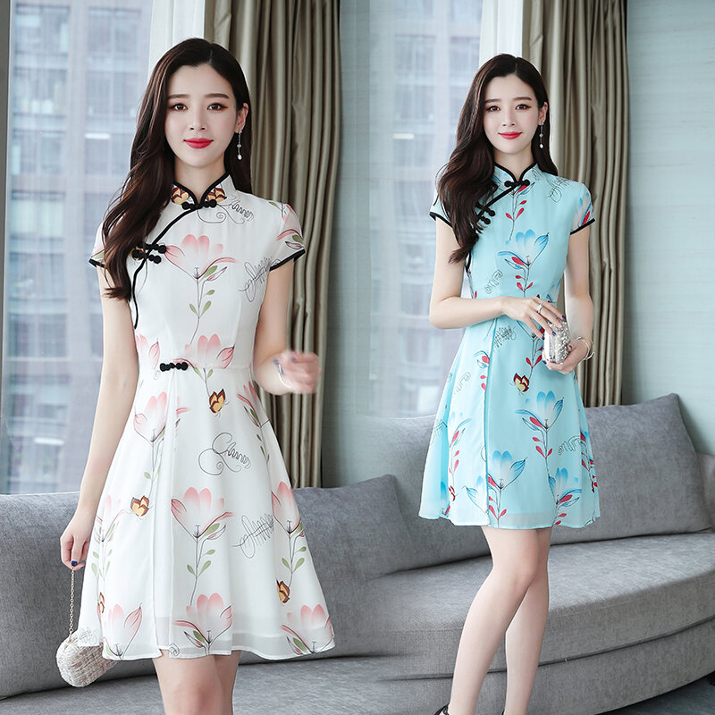 2023 여름 새로운 현대 개선 Cheongsam 쉬폰 인쇄 빈티지 전통 중국 스타일 슬림 Qipao 드레스