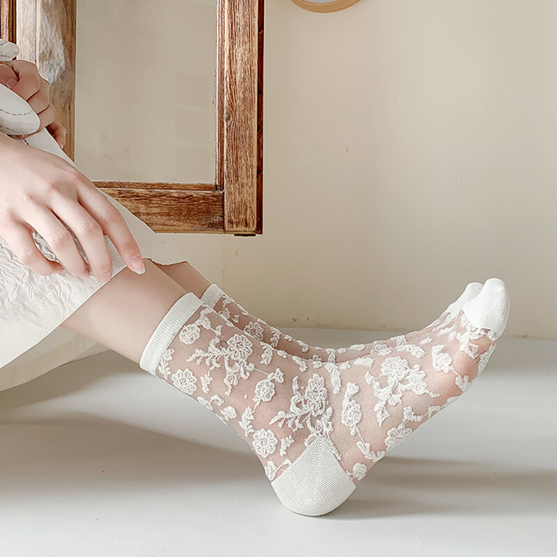 Calcetines con estampado Floral para mujer, medias de tubo medio, Lolita, vidrio, seda, Verano