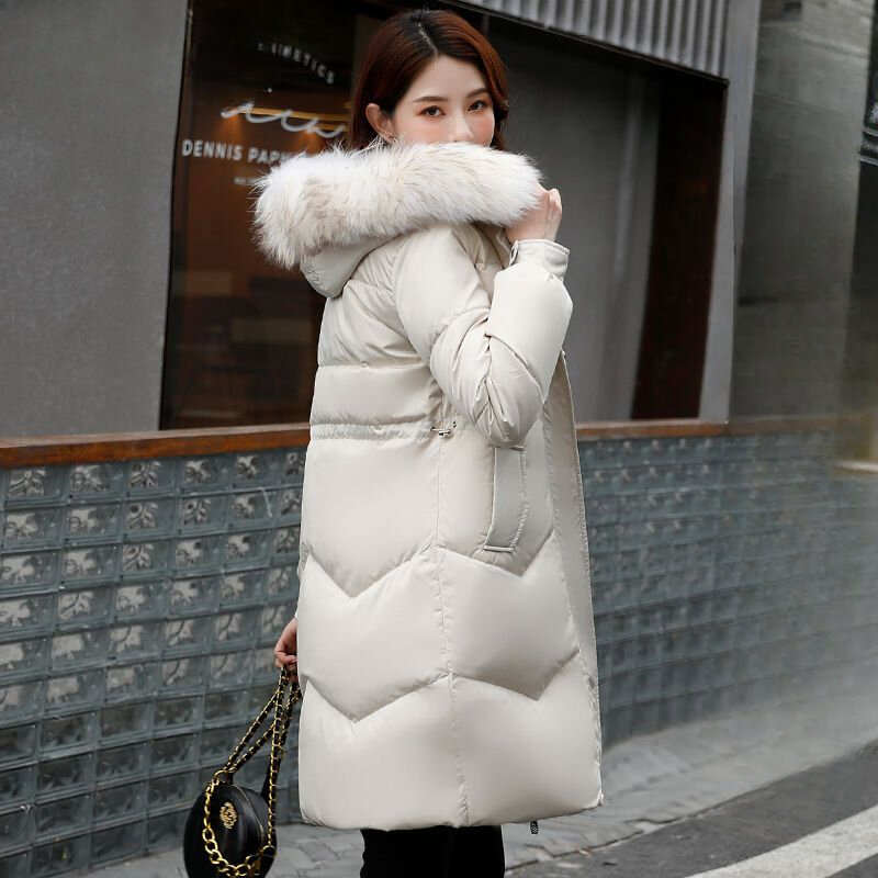 여성용 화이트 덕 다운 재킷, 중간 길이 패션, 슬림핏 너구리 모피 칼라 후드 파카, 두껍고 따뜻한 외투, 겨울 신상
