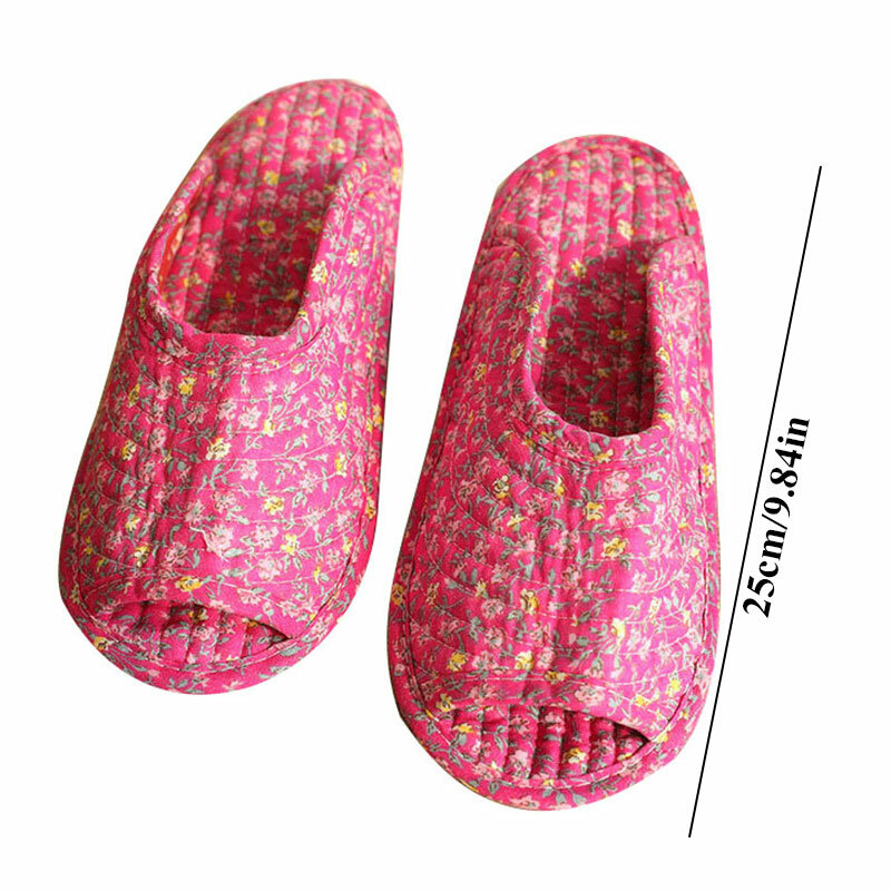25cm Vintage Floral Home Shoes Slippers Women Cotton Fabric House Slipper Sewing Comfy Flat Shoes Indoor Soft Bottom Travel