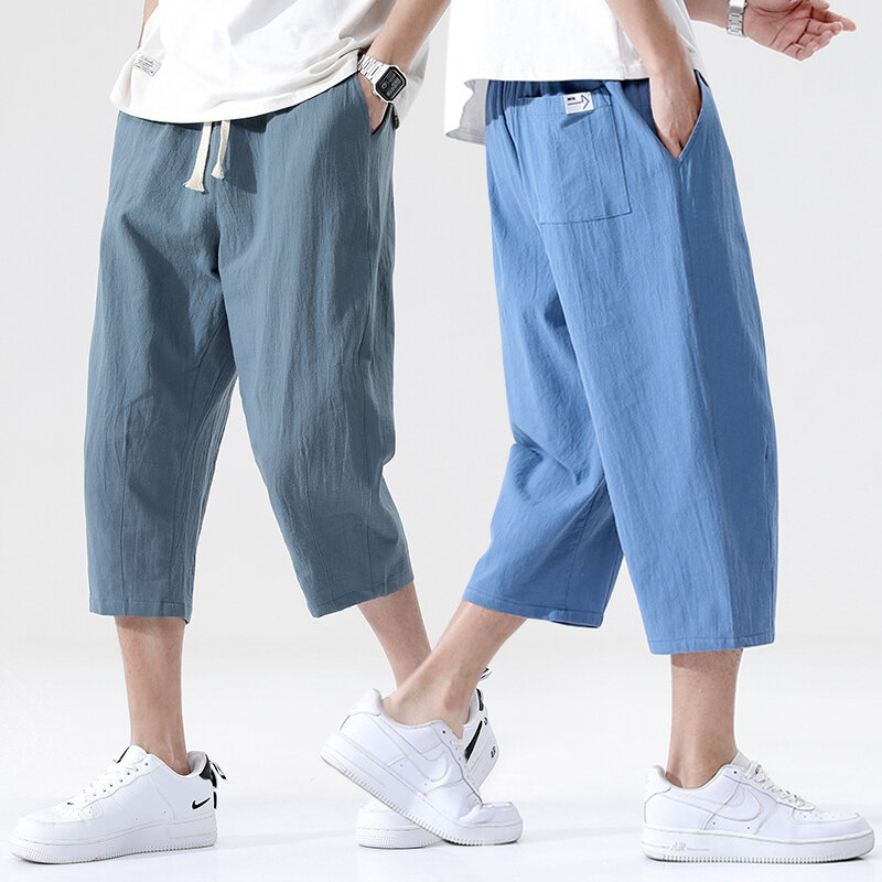 Calças casuais de verão, calças de algodão e linho soltas para homens, estilo coreano, calças retas de três pontos