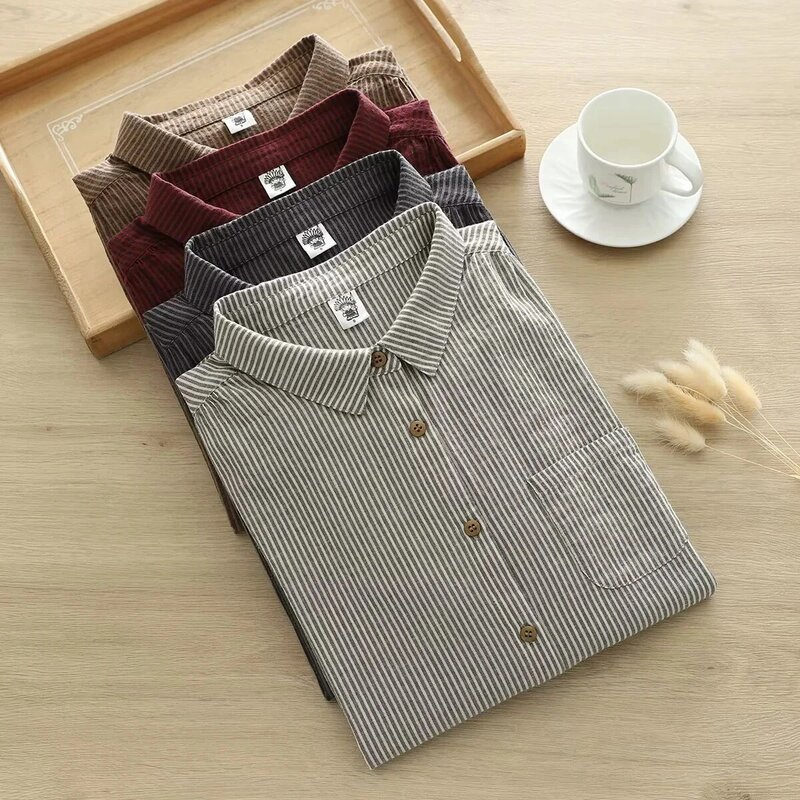Camisas listradas de manga comprida feminina, blusas 100% algodão, tops com listras estilo japonês para senhoras, primavera