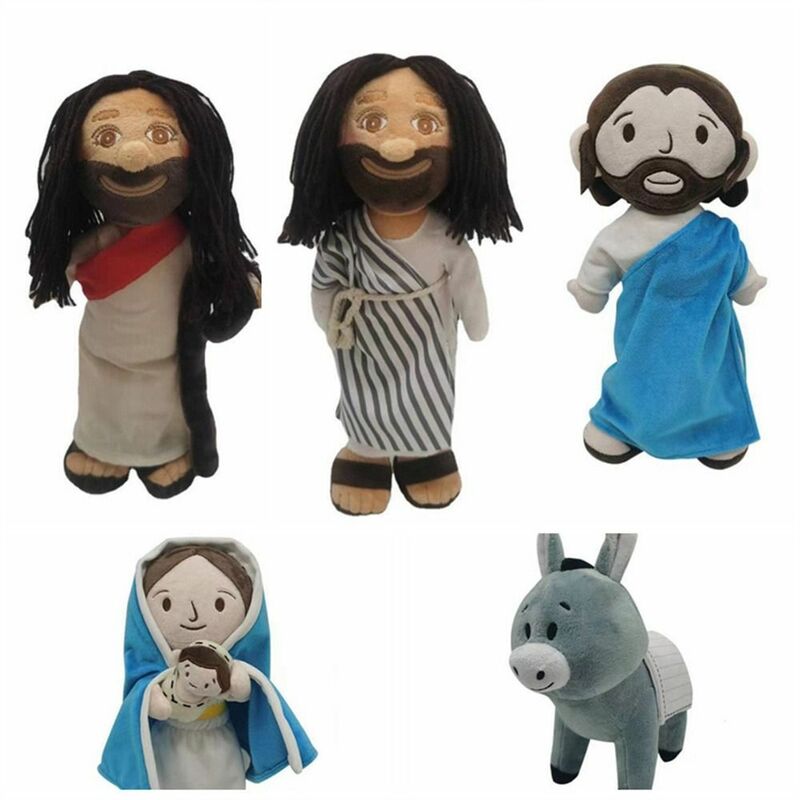 Classic Cartoon Christ Religious Jesus Plush Toy with Smile Figurine Virgin Mary Soft Stuffed Doll Savior Jesus Gifts Room Decor