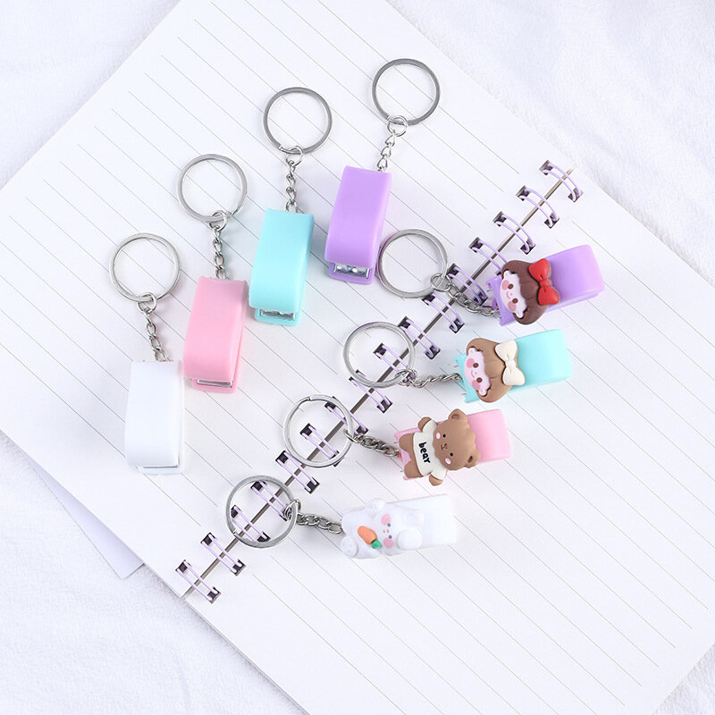 1 Pcs Portable Plastic Color Cute Cartoon Mini Stapler Key Chain Student Creative Stapler Convenient Key Ring Pendant