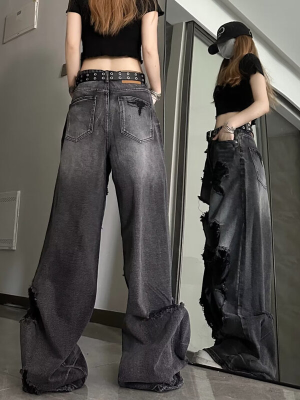 Jeans desain Niche, celana kaki lebar industri jalanan tinggi, celana panjang lantai kelas atas, Jeans wanita merek trendi