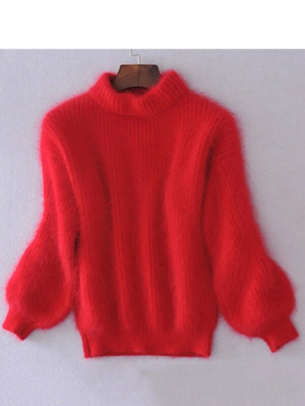 Suéter de gola alta espessa mohair, pulôver casual, cor sólida, manga lanterna, moda doce, branco, outono, inverno