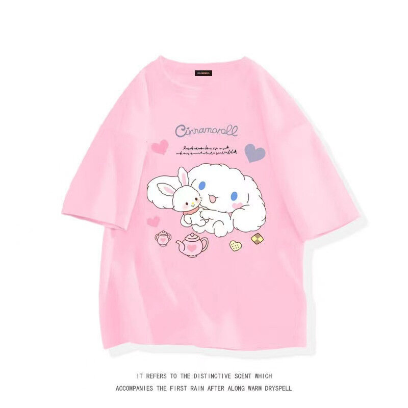 T-shirt estiva in cotone per ragazze Kawaii Anime Cinnamoroll bambini Cartoon manica corta moda cotone sciolto mezza manica Casual top