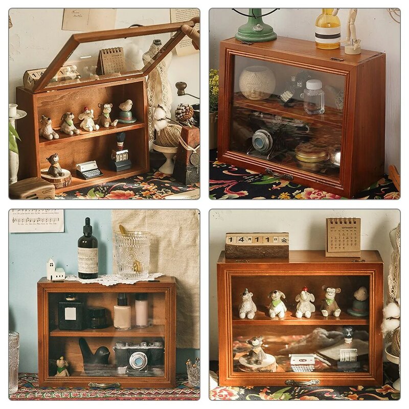 Storage Cabinet Wooden Figurines Display Box Collection Toy Rack Mini Shelves Cabinet 2 Tier Case Home Decor