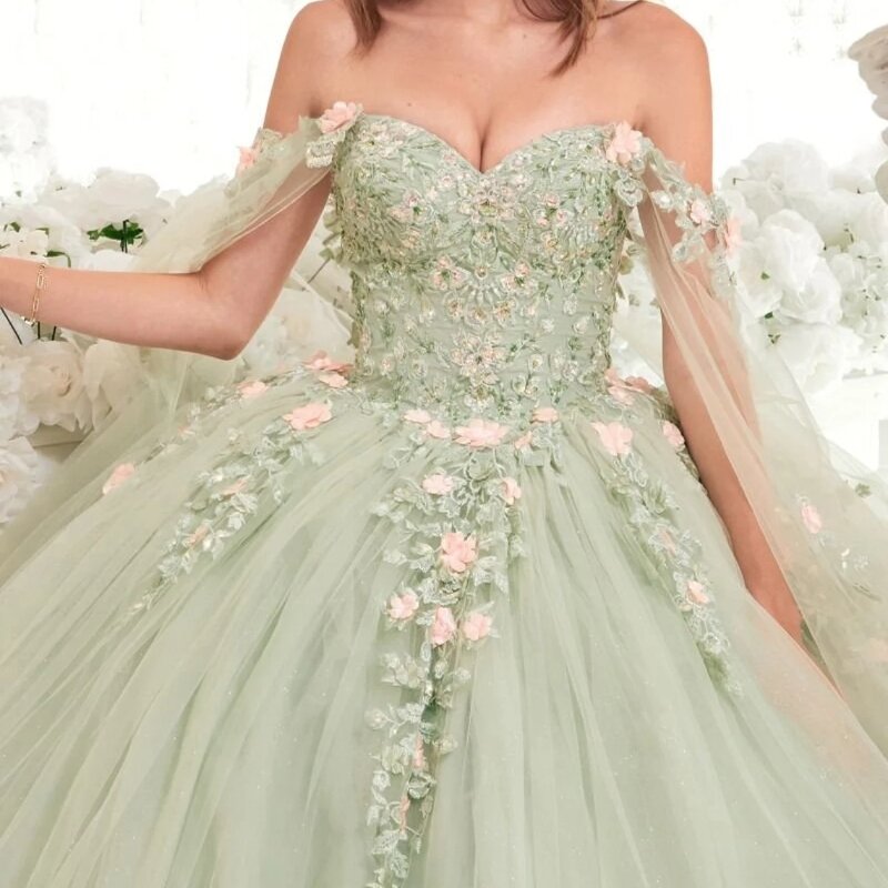 Vestido de baile de princesa verde salvia, vestido de quinceañera, apliques de flores 3D, encaje con capa, vestido dulce 16, vestido de fiesta de cumpleaños
