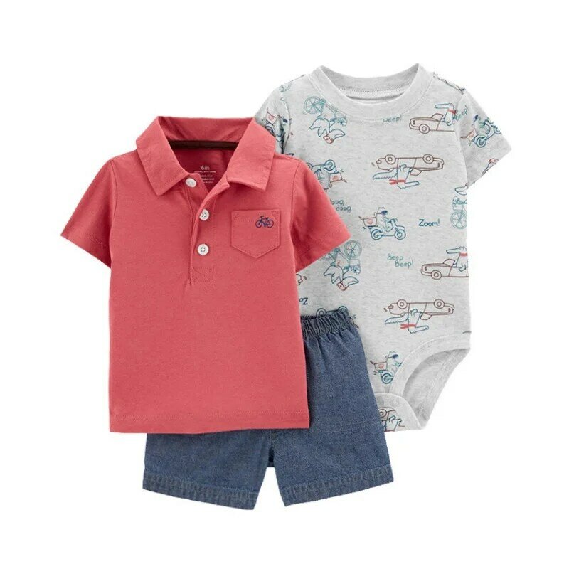 Children's Summer New Cute Cotton Baby Boys Clothes Suits Kids Fashion Cotton Streak Shirt Printed+Shorts+jumpsuit  3Pcs Outfits