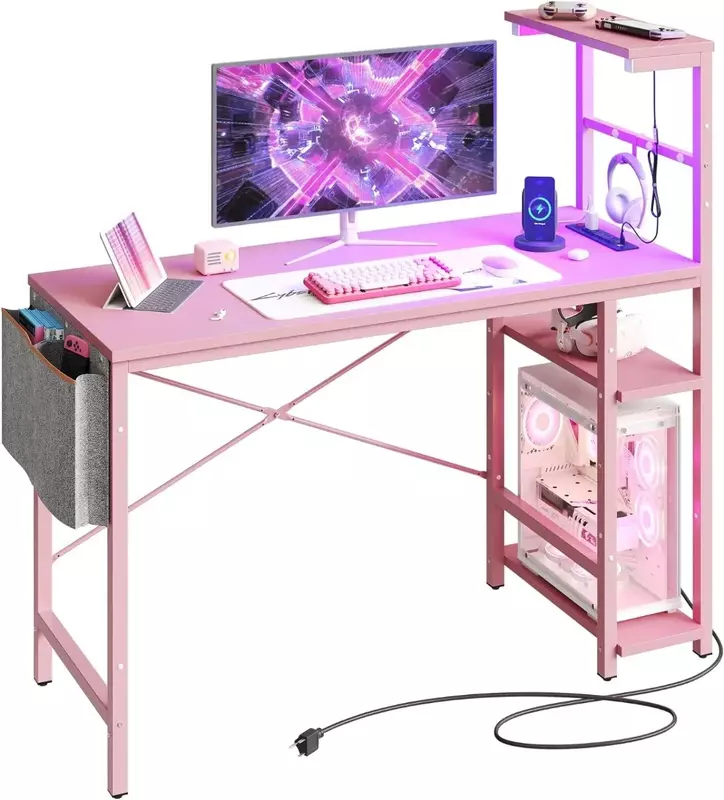 Różowe biurko do gier z gniazdkami, 44 Cal biurko dla graczy 4 poziomy odwracalne półki z hakiem na zestaw słuchawkowy i boczna torba do przechowywania