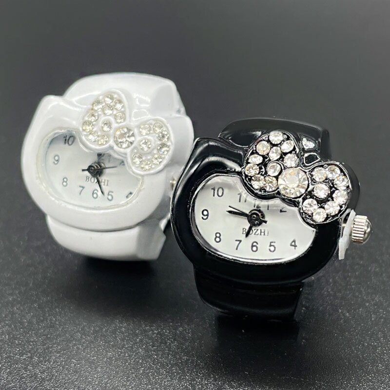 Rhinestone Watch Ring Kawaii Solid Color Bow Clock Ring Kids Toys Gifts