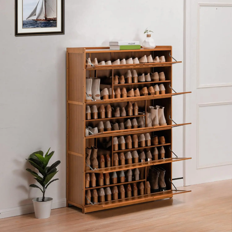 Organizador de zapatos de bambú de 9 niveles, armario contemporáneo con puerta, 41 pares de tacones, compartimento para botas, entrada de pasillo, color marrón
