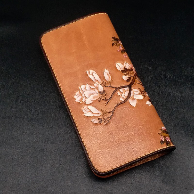 女性のための手作りの本革の財布,ピンクの花の財布,長い,野菜の日焼けした革の財布,カードホルダー