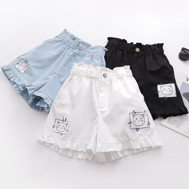 Pantalones cortos con volantes de estilo universitario para mujer, ropa de verano, pantalones cortos azules, Kawaii, japonés, suave, lindo gato, estampado de dibujos animados