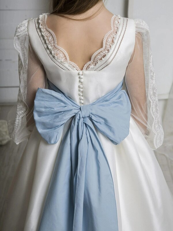 BABYONLINE-فستان فتاة زهرة خرافية للطفل ، تطريز بظهر على شكل حرف V ، حزام شريط زهري ، ثوب حفل زفاف للعروس
