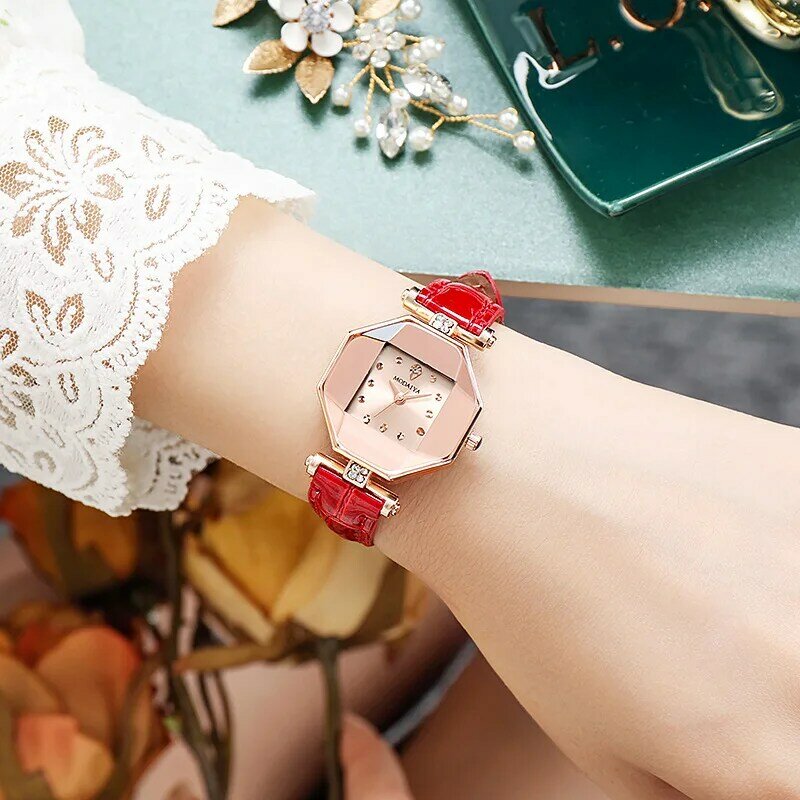 Relógio de luxo Polygon para mulheres, cristal, elegante, senhoras relógios, quartzo, couro, relógio de pulso feminino, moda relógio