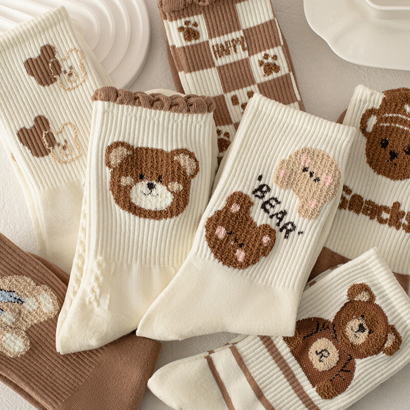 Meias de algodão animal print para mulheres, meias bonito urso, moda Harajuku, presente para meninas, outono e inverno