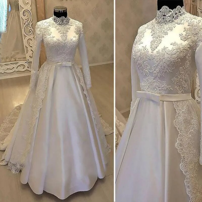 Muslim Arab Dubai Wedding Dress For Women High Neck Long Sleeve Lace A-Line Satin Floor-Length Bridal Gown New Vestidos De Novia