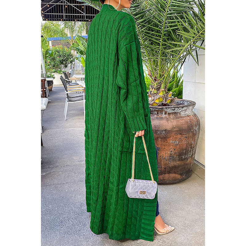 Размера плюс повседневные зеленые кардиганы с длинным рукавом и карманами, вязаный длинный свитер