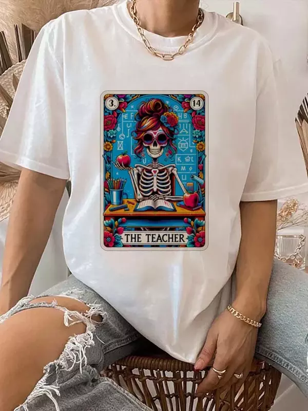 Camiseta con estampado de The Teacher para mujer, Top de manga corta con cuello redondo, patrón de dibujos animados, estilo informal