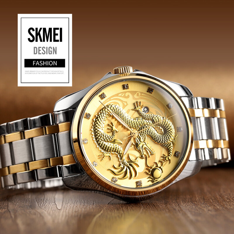 SKMEI-reloj con relieve tridimensional para hombre, cronógrafo con diamantes de imitación, luminoso, de acero inoxidable, resistente al agua, 9193