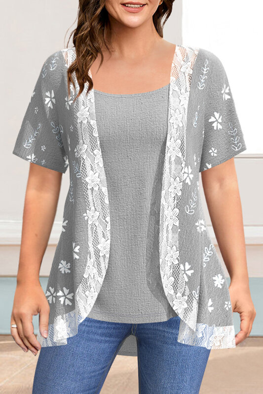 Flycurvy Plus Size Casual Grey Linen Floral Print Lace Stitching Two Pieces Blouse