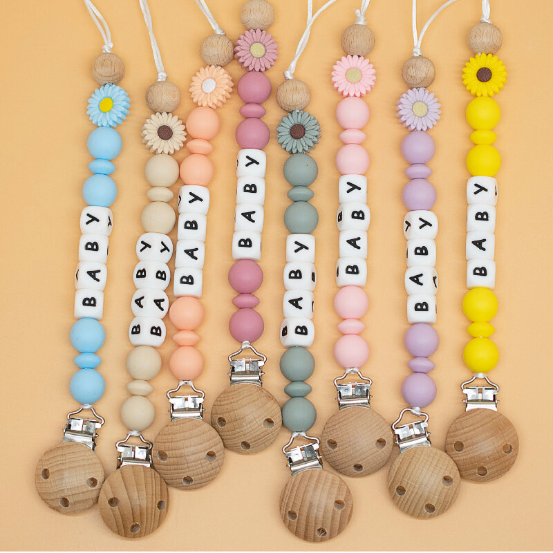 Personalized Name Baby Pacifier Clips Flower Silicone Teether Dummy Nipples Holder Clip Chain Wooden Babies Custom Teething Toys