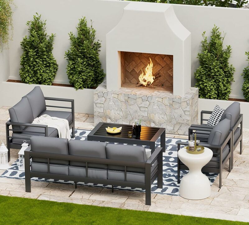 Oversized Aluminum Patio Furniture Set, Modern Metal Outdoor Patio Conversation Sets, Patio Sectional Sofa Set w/ 5 Inch Cushion