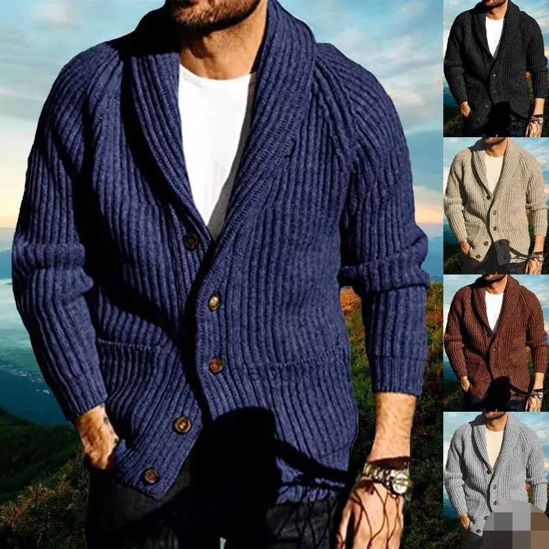 2023 jesienno-zimowa nowa męska odzież smukła jednolity kolor długi rękaw jednorzędowy sweter dziergany sweter z klapą
