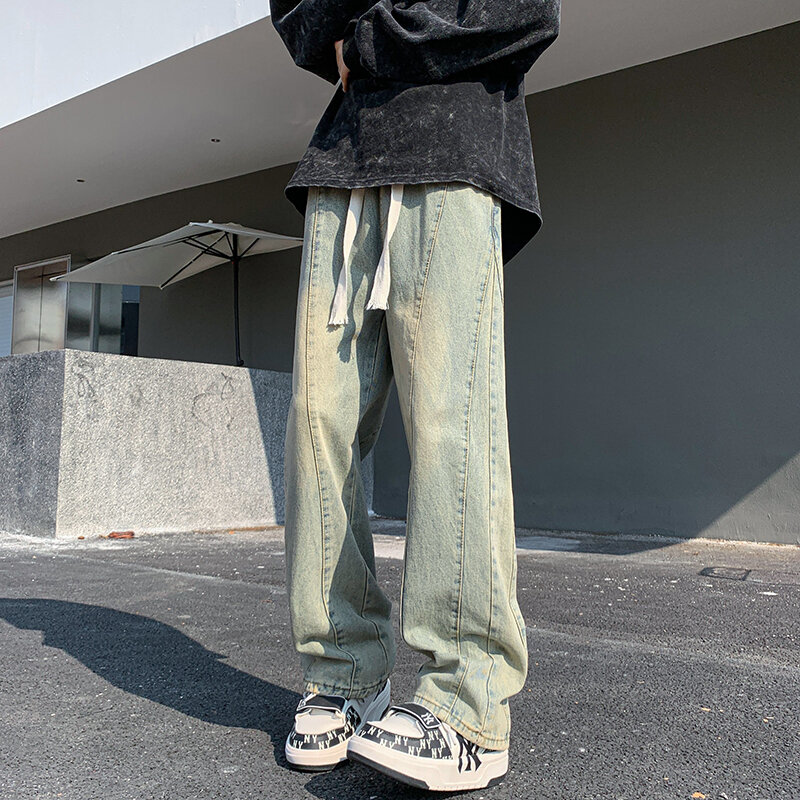 Calça jeans de perna reta solta masculina, calça casual de fundo masculino, hip hop, monocromática, Harajuku, marca da moda, D169, 2024