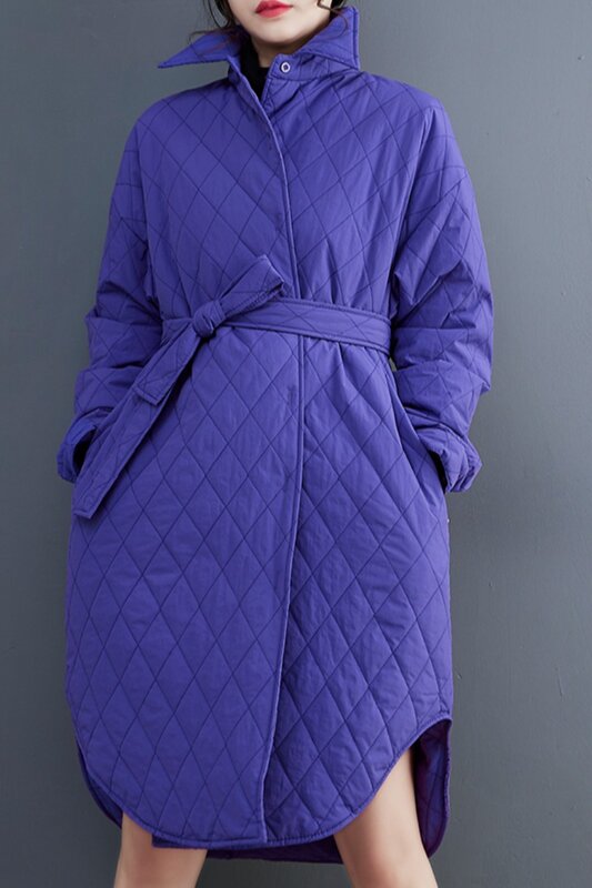 중간 길이 긴 소매 코튼 코트, 와이드 웨이스트 재킷, 루즈한 단색, 중간 길이, 패션 스트리트웨어, 겨울