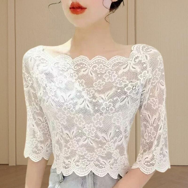 Tops elegantes de encaje para mujer, blusa recortada bordada, camiseta Floral, Jersey transparente
