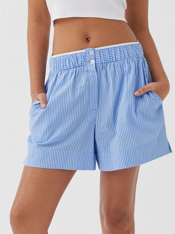 CHRONSTYLE-Shorts casuais soltos femininos, botões estampados listrados, calças curtas elásticas de cintura alta, moda de verão, 2024