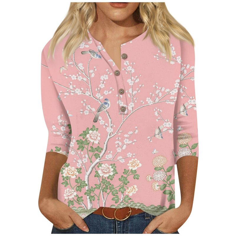 Blusa feminina com gola v estampada em planta, mangas 3/4, blusas casuais de verão, botão, 2024