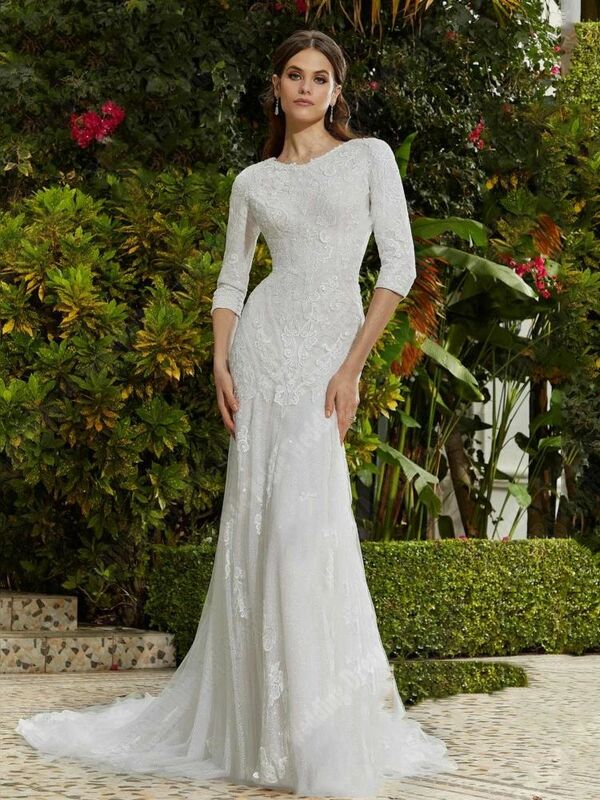 Elegancki pasek Spaghetti kobiety satynowe wykończenie suknie ślubne średniej na długi rękaw okrągły dekolt suknie księżniczki plażowe Vestidos De Novia