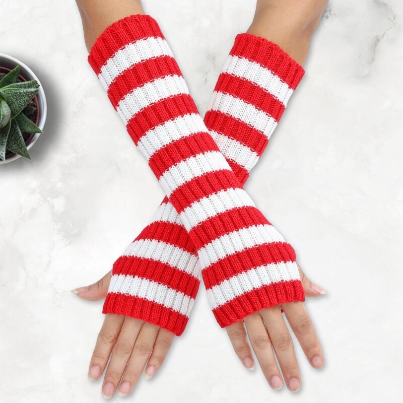 Теплые зимние перчатки, вязаные варежки в полоску с половиной пальца для взрослых подростков