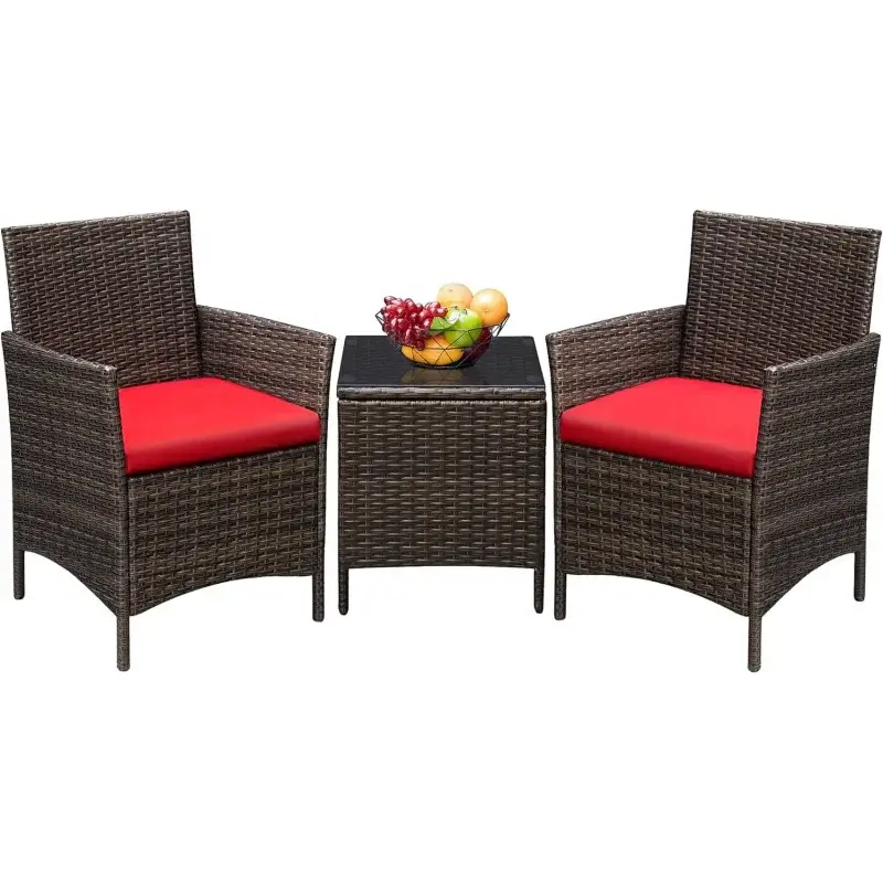 Greesum 3 pieces patio furniture sets outdoor PE rattan wicker chairs with soft cushion and glass coffee table for garden backya