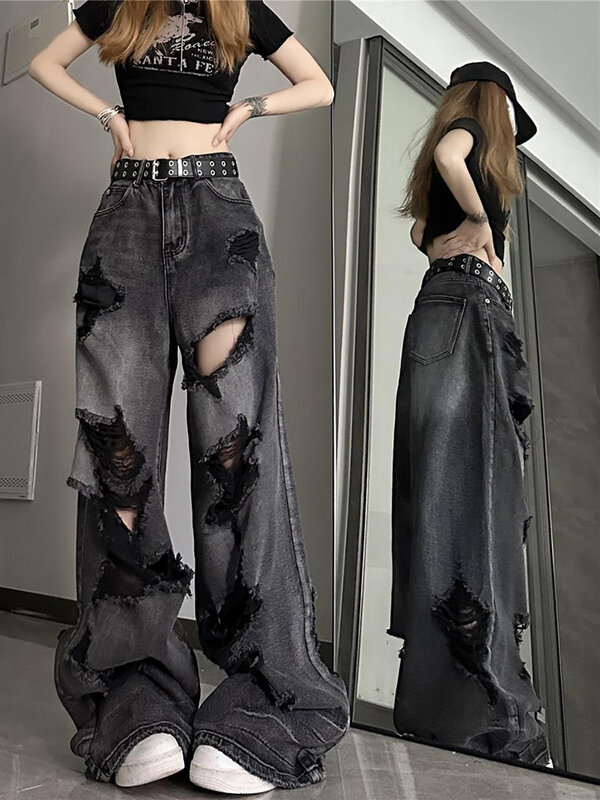 Джинсы Zoki Y2K женские прямые в готическом стиле, повседневные винтажные брюки из денима в стиле ретро, стиль Харадзюку, бойфренды, хип-хоп, уличная одежда в американском стиле