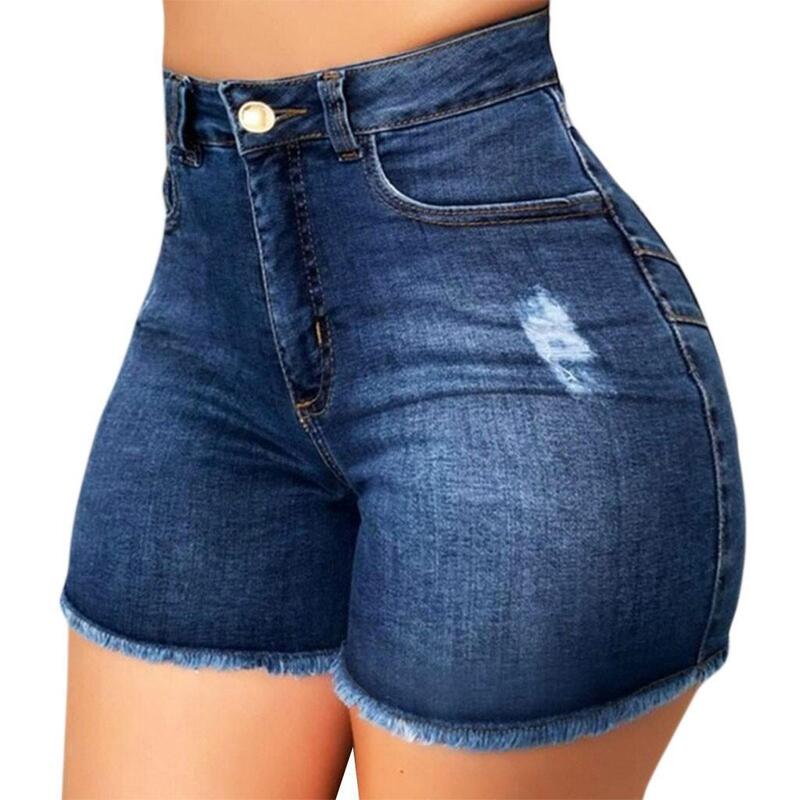 Celana pendek Denim dicuci Jeans wanita rumbai polos tinggi pinggang kantong seksi Skinny tertekan 2024 Vintage Streetwear disambung
