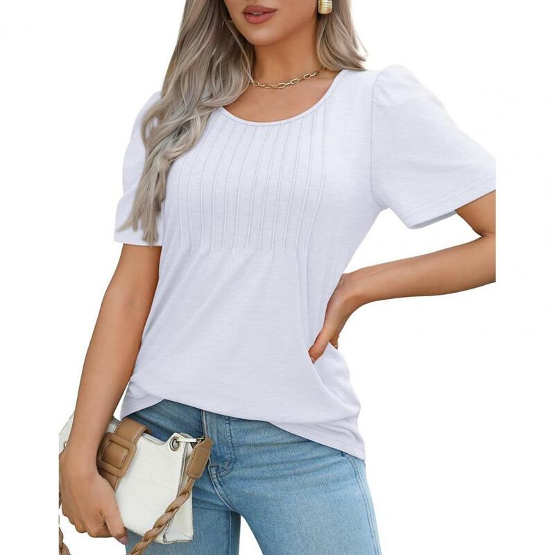 여성용 반팔 블라우스, 세련된 여름 티셔츠 컬렉션, 캐주얼 O넥 플리츠 티, 단색 루즈핏 풀오버