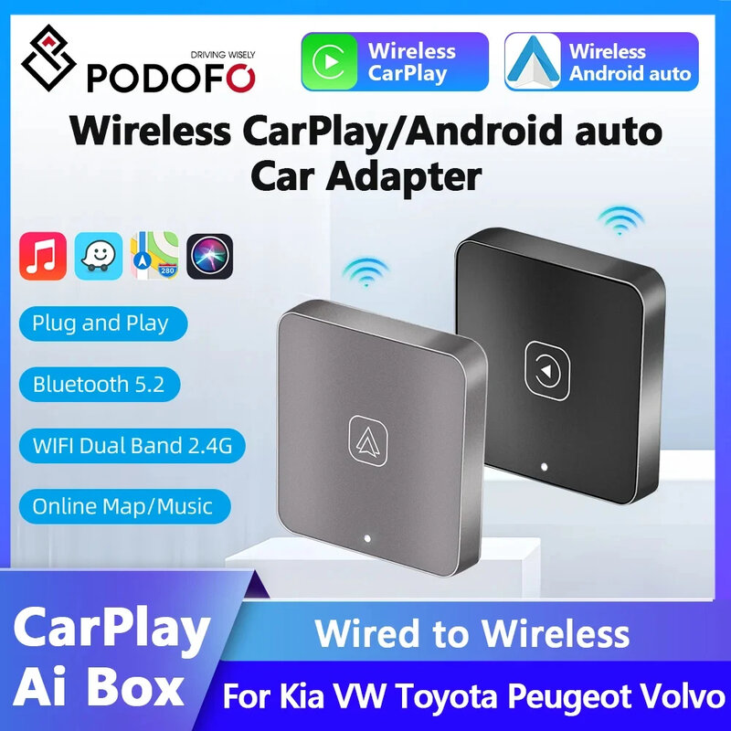 Podofo Carplay Ai Box Android automatyczne bezprzewodowe dekoder dla VW Audi Toyota Honda Strong WiFi Bluetooth asystent głosowy